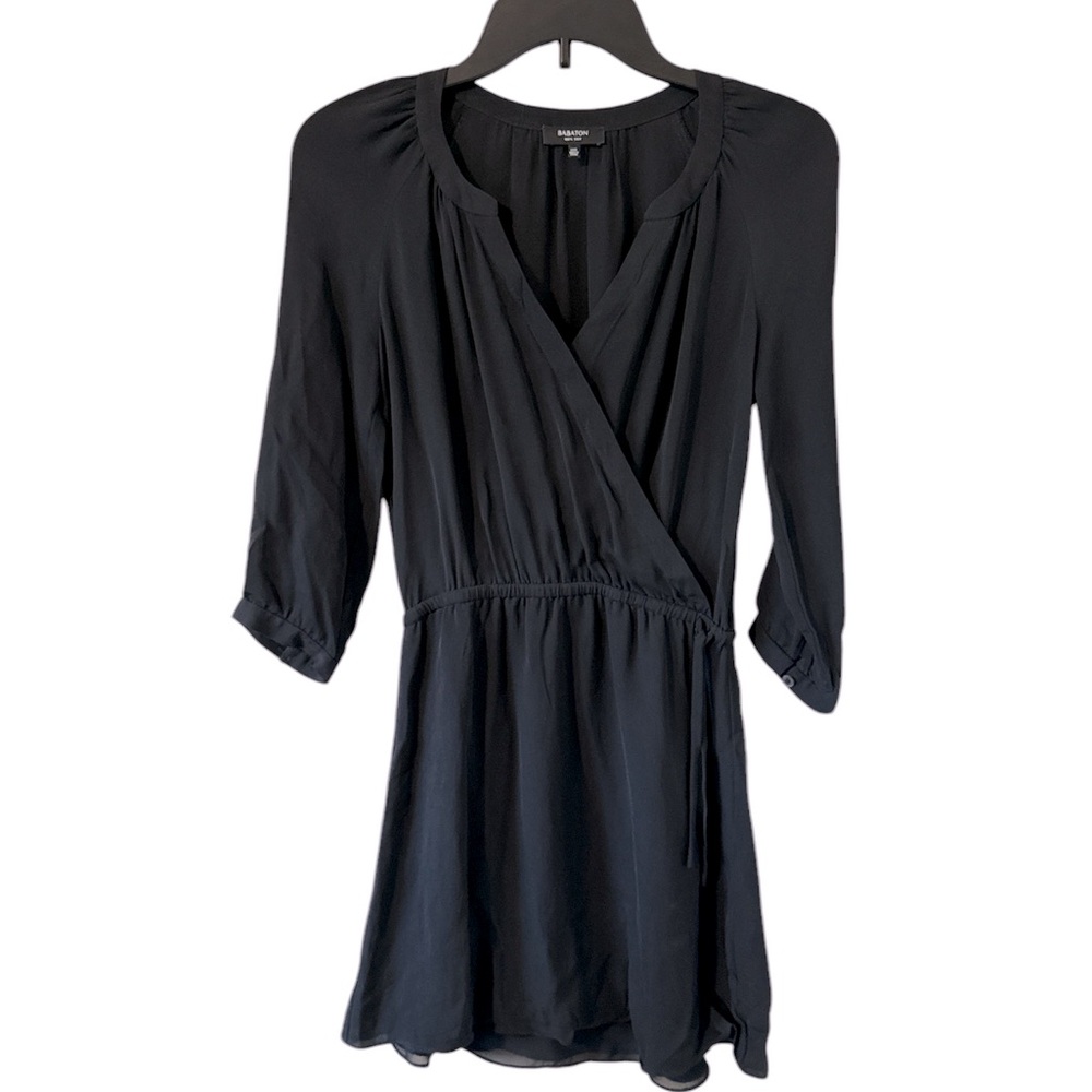 Aritzia Babaton Women’s Bennett Black 100% Silk Mini Dress 3/4 sleeves XXS
